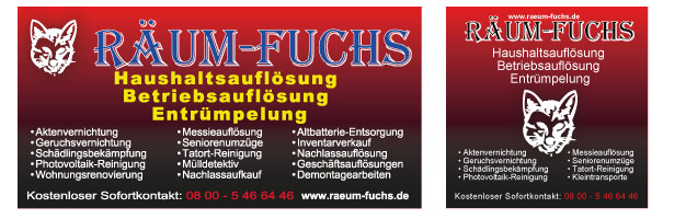 Groß-Banner auf PVC in 1×2 Meter und 1×1 Meter für den Räum-Fuchs